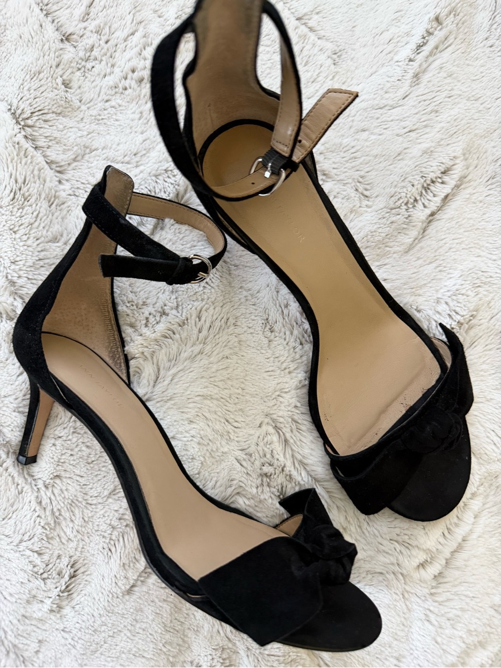 Ann Taylor Black Suede Ankle-Strap Heels with Bow